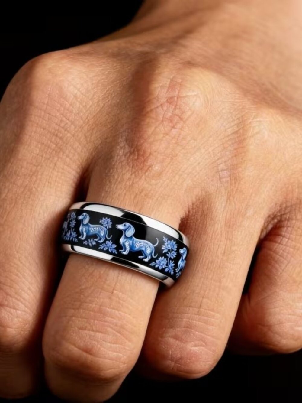 Silver Stainless Steel DACHSHUND Dog Band Ring Size 7